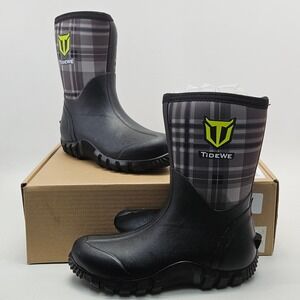 TIDEWE Women Mid Calf Rain Boots Grey Plaid Waterproof Rubber Neoprene Size 6